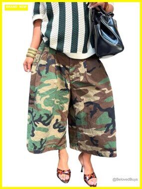 Women's Camo Cargo Capris High Waist Wide Leg Cropped Pants